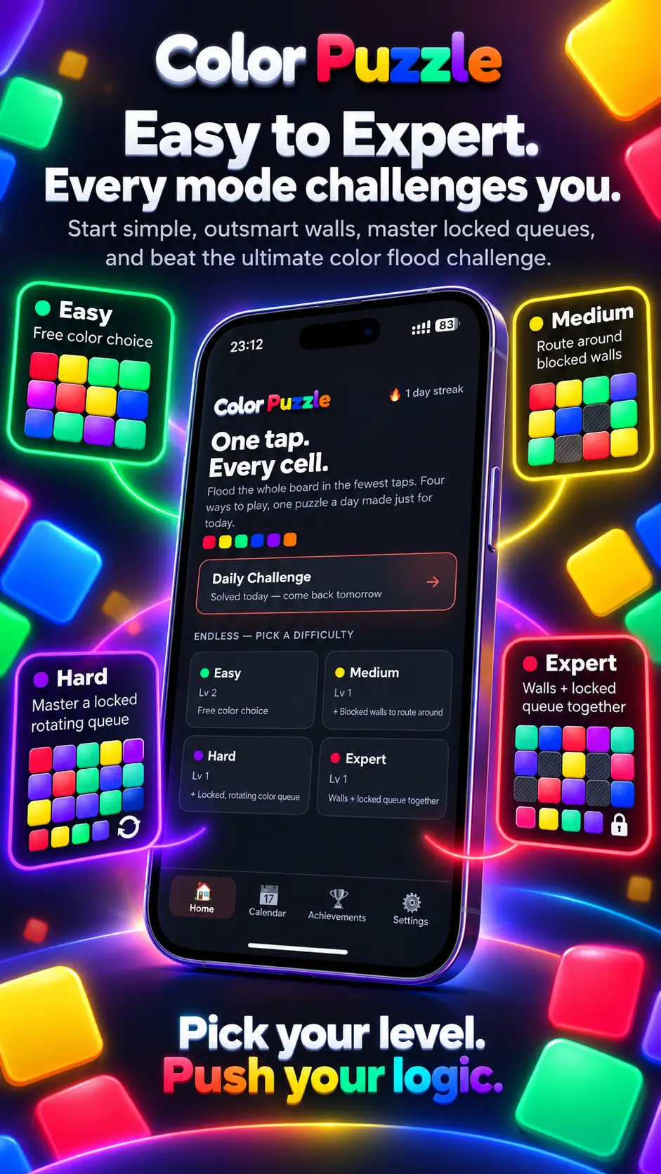 Color Puzzle Color Flood Game home screen showing Easy, Medium, Hard and Expert modes