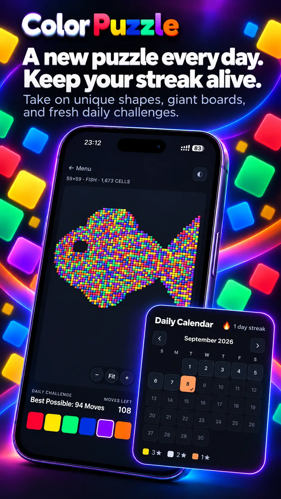 Color Puzzle daily challenge showing a giant fish-shaped color flood board