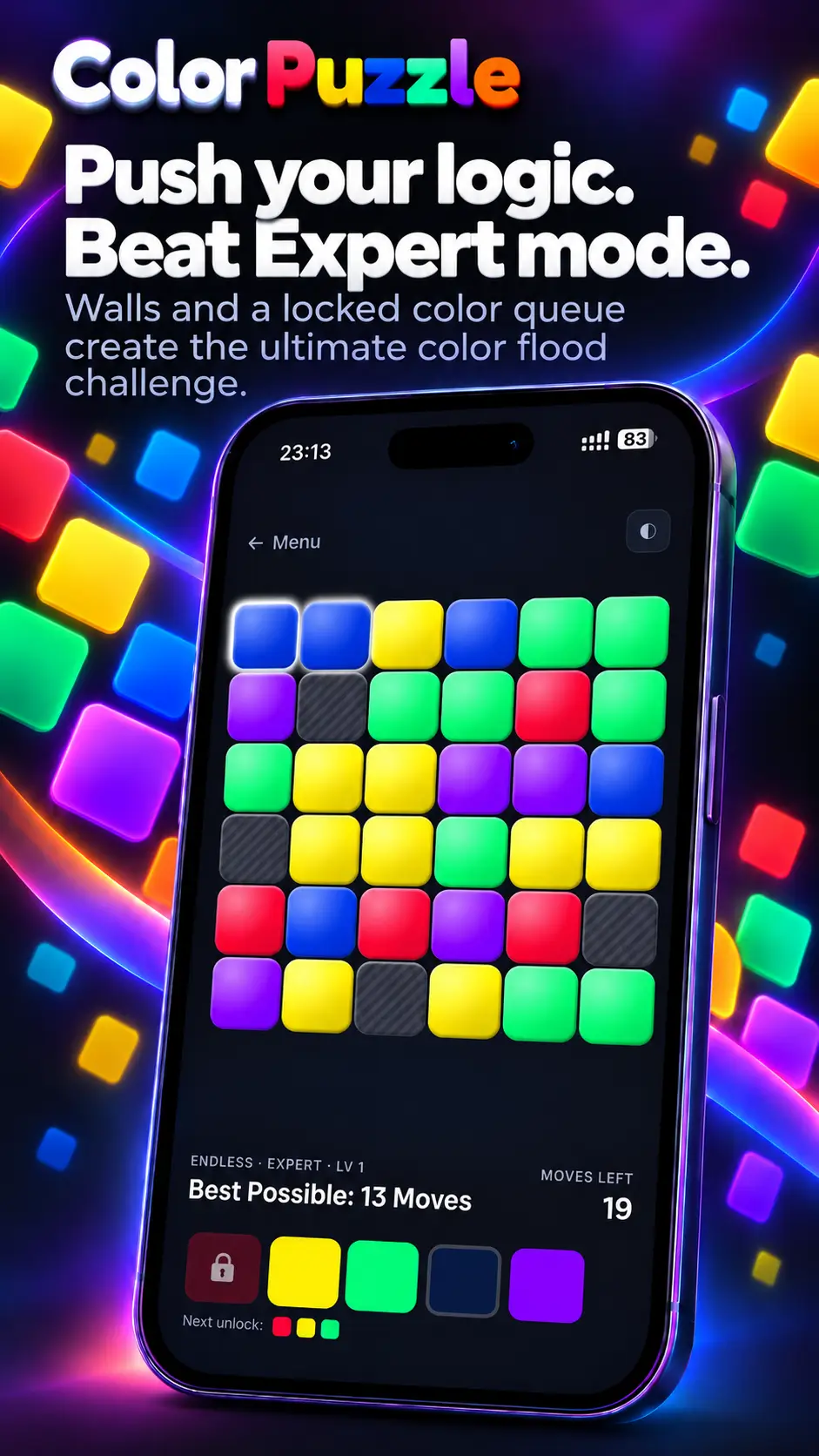 Expert mode in Color Puzzle combining blocked walls and a locked color queue
