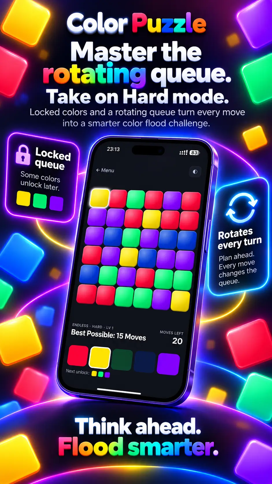 Hard mode in Color Puzzle showing a locked rotating color queue