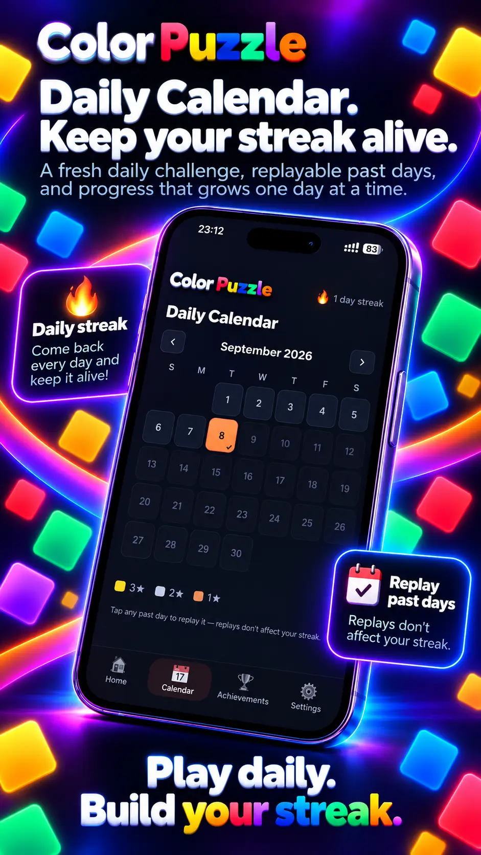 Color Puzzle daily calendar showing puzzle history and streak progress