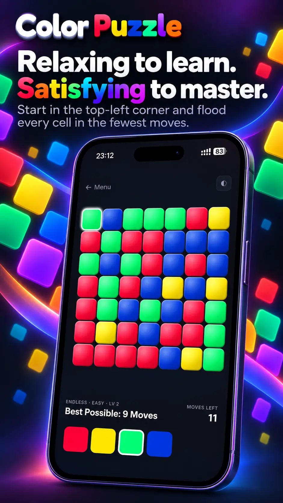 Easy mode in Color Puzzle color flood game with a colorful grid and free color choices